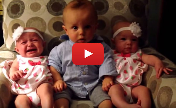 Adorably confused baby meets twins