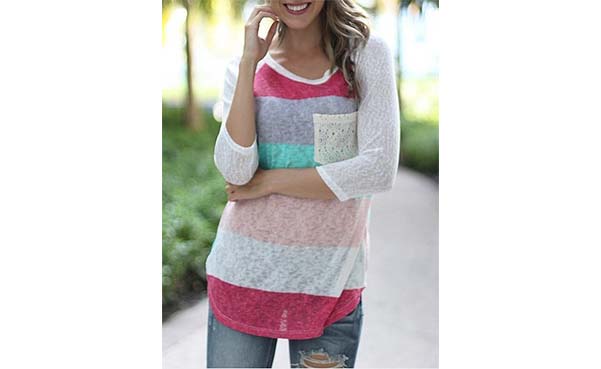 Color Striped Pockets Round Neck 3/4 Sleeve T-Shirts