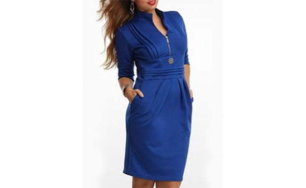 Absorbing Band Collar Pockets With Zips Plain Plus-Size-Bodycon-Dress