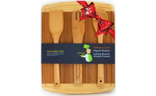 Bamboo Cutting Board with 3-Piece Kitchen Wood Utensils