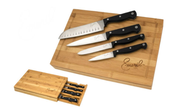 Emeril Lagasse 4-Piece Knife Set, Bamboo Cutting Board and Storage Drawer