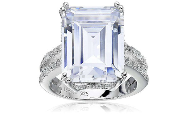 Platinum-Plated Clear Emerald-Cut Cubic Zirconia Ring