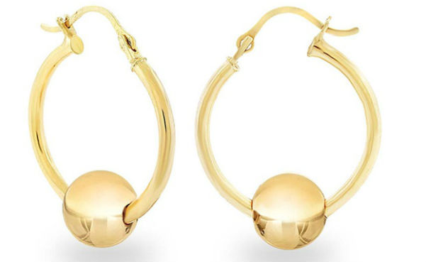 14K Solid Yellow Gold Hoop Earrings with Ball Slider