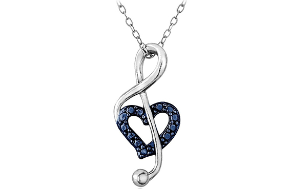 Silver Blue Diamond Music Note Heart Necklace