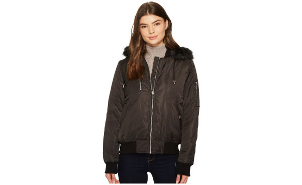 French Connection Women's Varsity Bomber with Faux Fur Hood