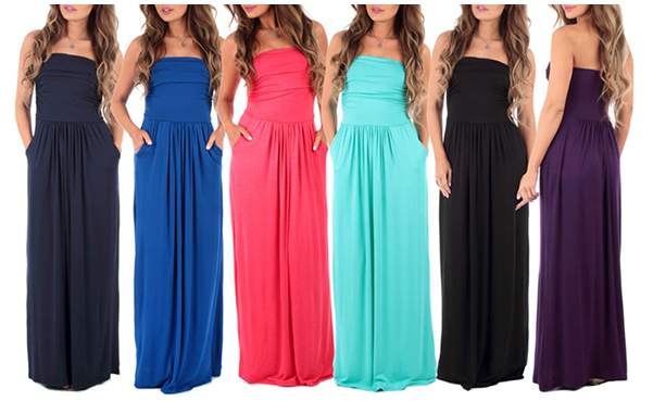 Women's Strapless Ruched Maxi Dress