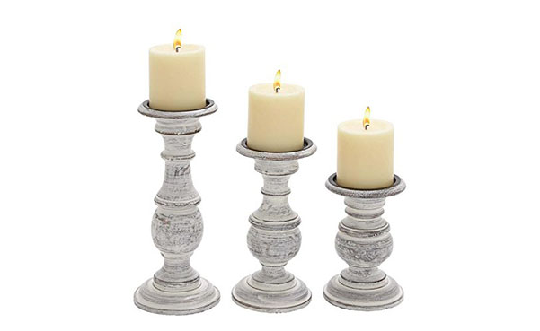 Deco 79 Distressed White Wood Candle Holders, Set of 3