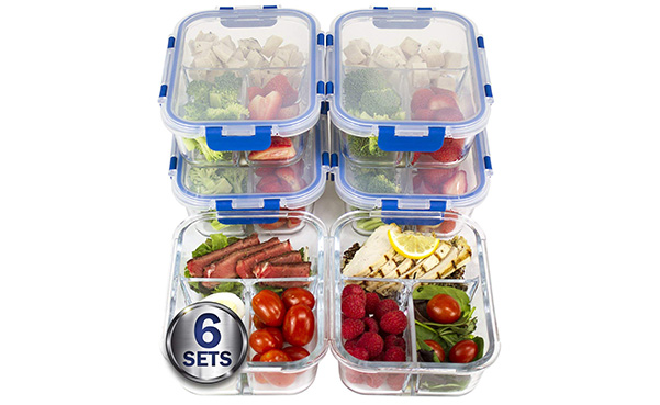 6 Sets 3 Compartment Glass Containers with Locking Lids
