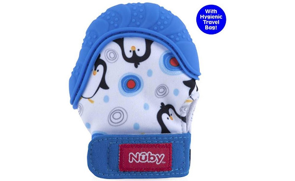 Nuby Soothing Teething Mitten with Hygienic Travel Bag, Blue Penguins, 1 Count