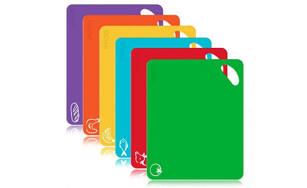 Extra Thick Flexible Plastic Kitchen Cutting Board Mats Set, Set of 6 Colored Mats With Food Icons & Easy-Grip Handles, Non-Porous, Dishwasher Safe By Olivivi