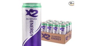 X2 All Natural Healthy Energy Drink: Great Tasting Non-Carbonated Energy Beverage with No Crash or Jitters – Less Sugar, Lower Calories - No Artificial Ingredients - Strawberry Kiwi - Pack of 12